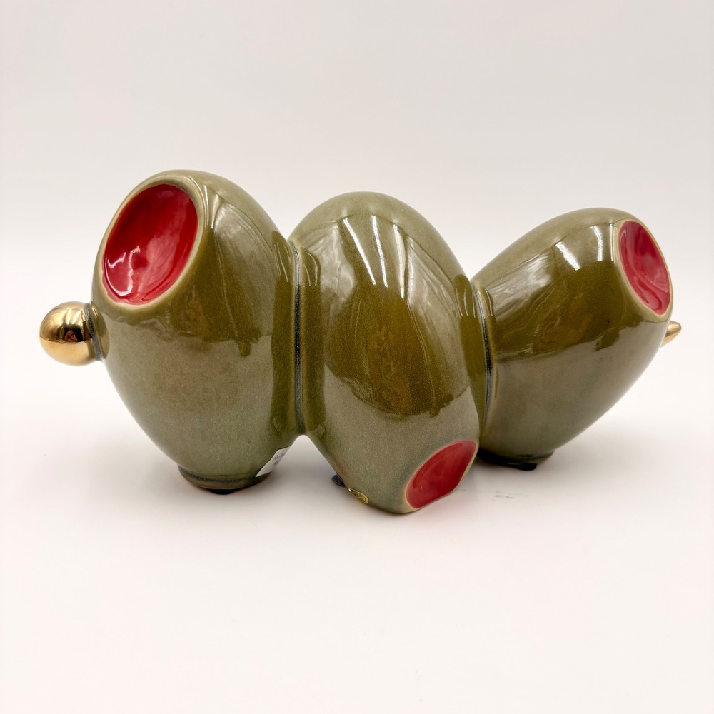 Modernist Ceramic Triple Olive Sculpture Green Red Gold Martini Bar Decor